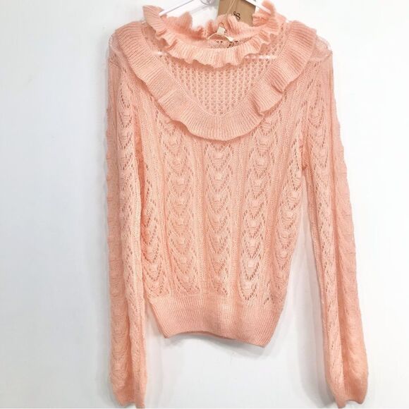 Listicle Pale Pink Ruffle Yoke Feminine Romantic Open Knit Pullover Sweater NEW - Picture 4 of 16